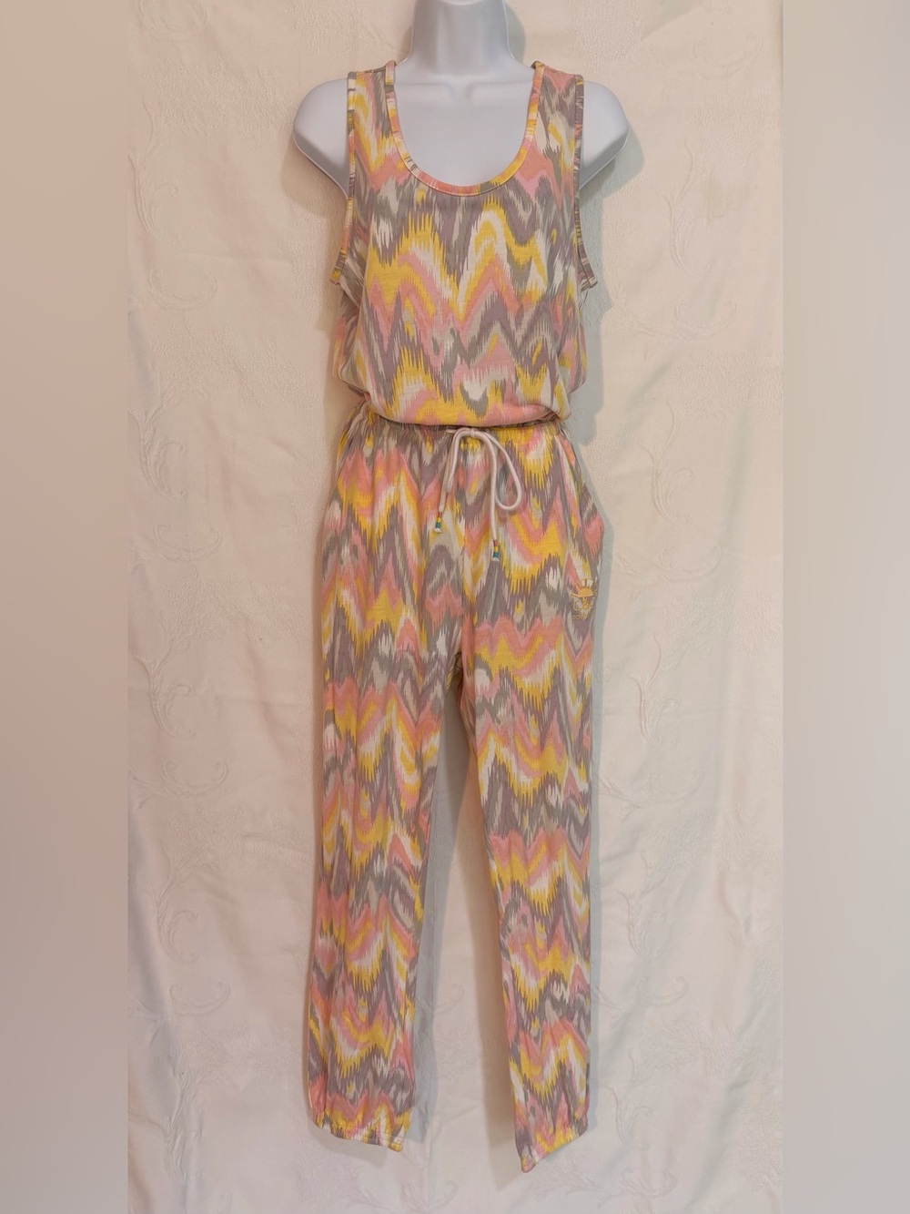 C&C California Pink Yellow Gray Print Sleeveless Jumpsuit D0044